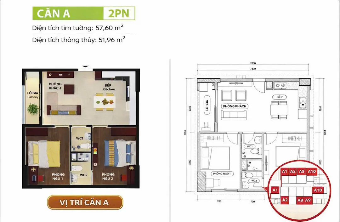 Căn hộ 2PN Bcons Suối Tiên