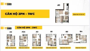 Thông tin thực tế về diện tích Bcons New Sky từ 47-99m². Phân tích mặt bằng, giá từng căn, cách chọn diện tích phù hợp nhu cầu ở và đầu tư tại mặt tiền Quốc lộ 13.