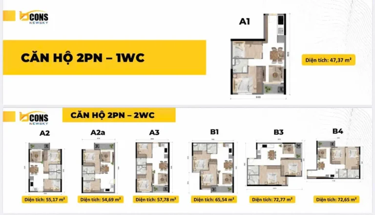 Căn 2PN Bcons New Sky diện tích bao nhiêu? Tôi dẫn một gia đình 3 người vào ngủ thử 7 đêm trong căn 47m². Có ảnh, số đo, bảng so sánh 55-65-74m² thực tế.