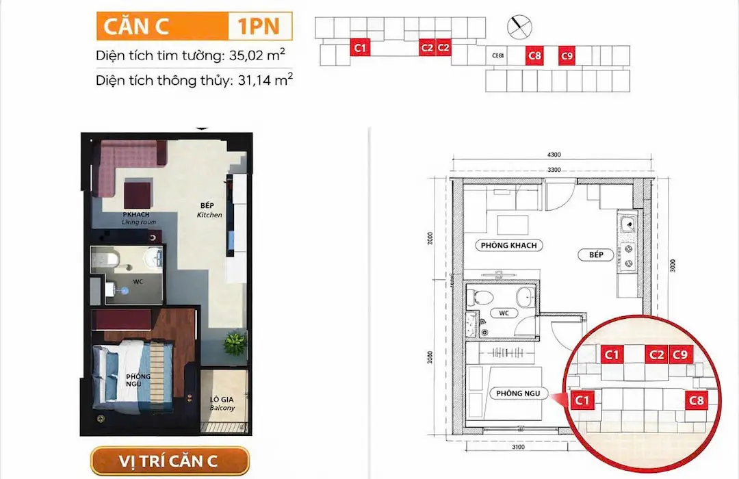 Diện tích 1PN Bcons