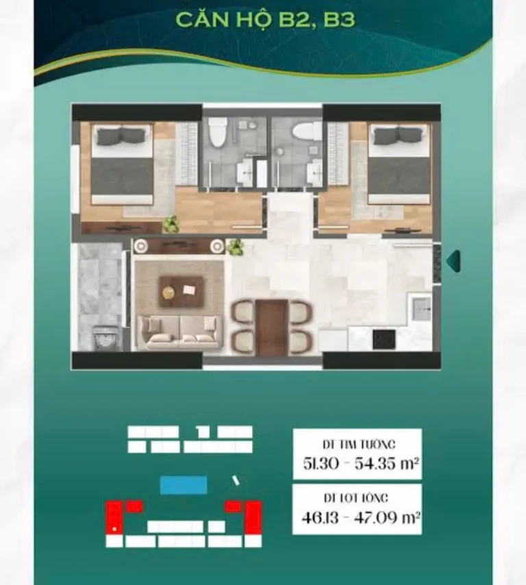 Căn hộ 2PN Bcons City 2026: Diện tích 51-64m², giá từ 2,3 tỷ, 100% có 2WC và ban công.