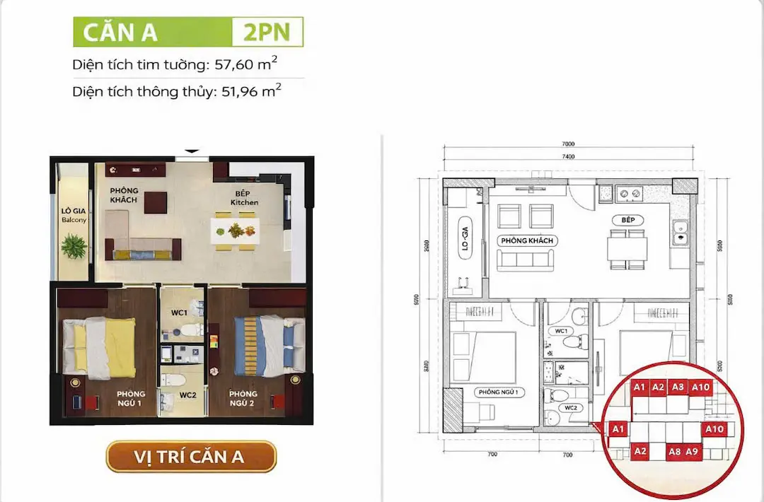 Diện tích 2PN Bcons Suối Tiên