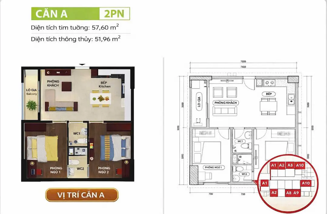 Layout căn hộ 2PN