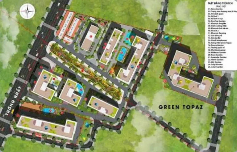 Layout Bcons City chi tiết nhất 2026: Phân tích chuyên sâu mặt bằng 5 tháp Green Topaz, Emerald, Sapphire, Diamond và tháp trung tâm.