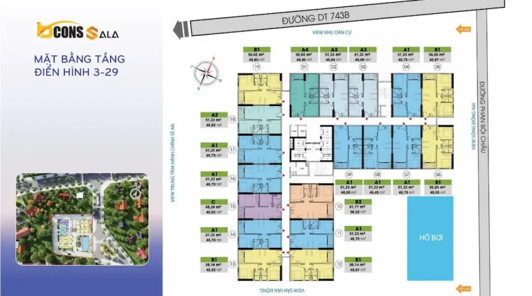 Khám phá mặt bằng Bcons Sala chi tiết: 513 căn, 19 căn/sàn, 5 thang máy, diện tích 45-62m², tiện ích 1.132m². Giá bán 1,55-1,79 tỷ. Sổ hồng đã cấp
