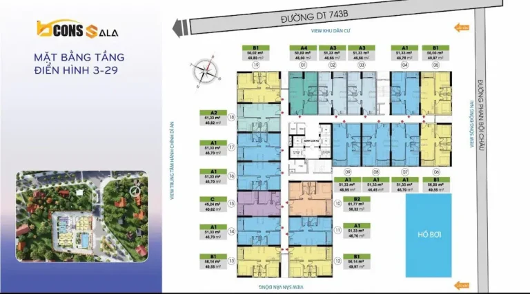 Phân tích chi tiết layout Bcons Sala: mặt bằng tổng thể 29 tầng, thiết kế căn hộ 45-62m², bố trí nội thất tối ưu. Cập nhật giá bán và thuê thực tế 2026 tại Dĩ An.