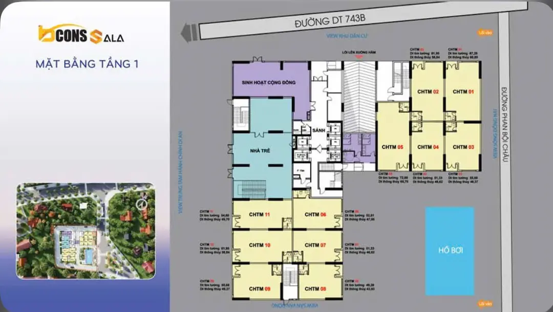 Mặt bằng tầng 1 Bcons Sala