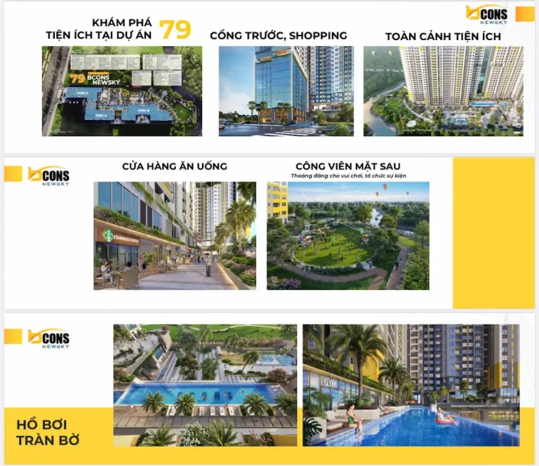 Khám phá tiện ích Bcons New Sky: hồ bơi vô cực, gym, BBQ, sân thể thao. Tiện ích ngoại khu: chợ Lái Thiêu (3p), BV Quốc tế Hạnh Phúc (5p).