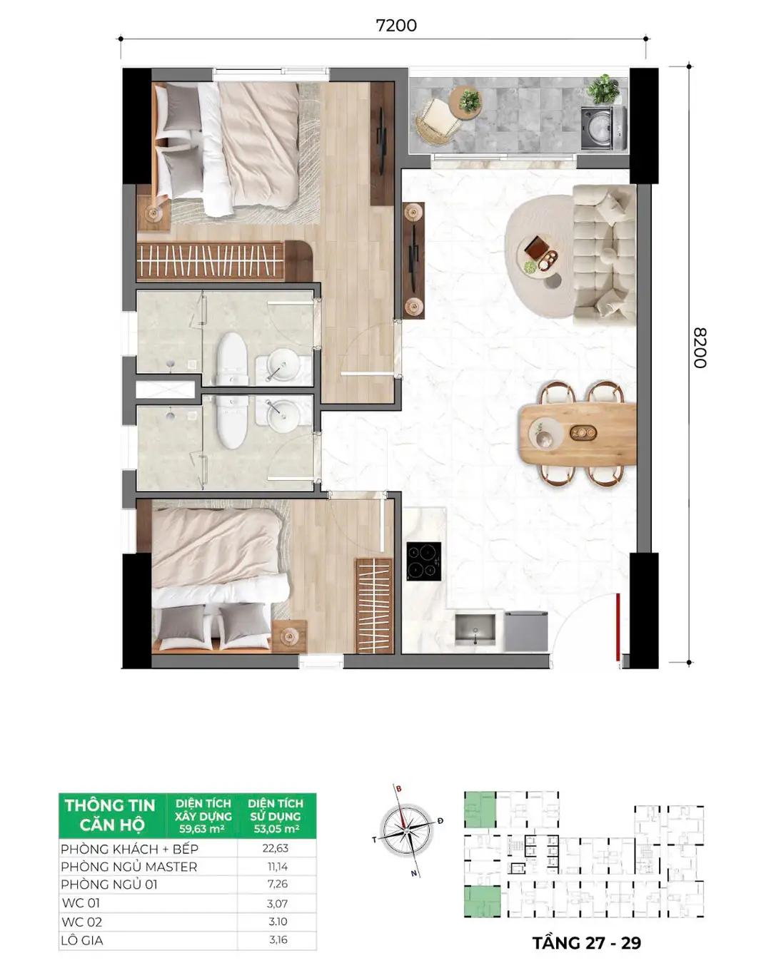Mặt bằng 54 m2 Bcons Asahi