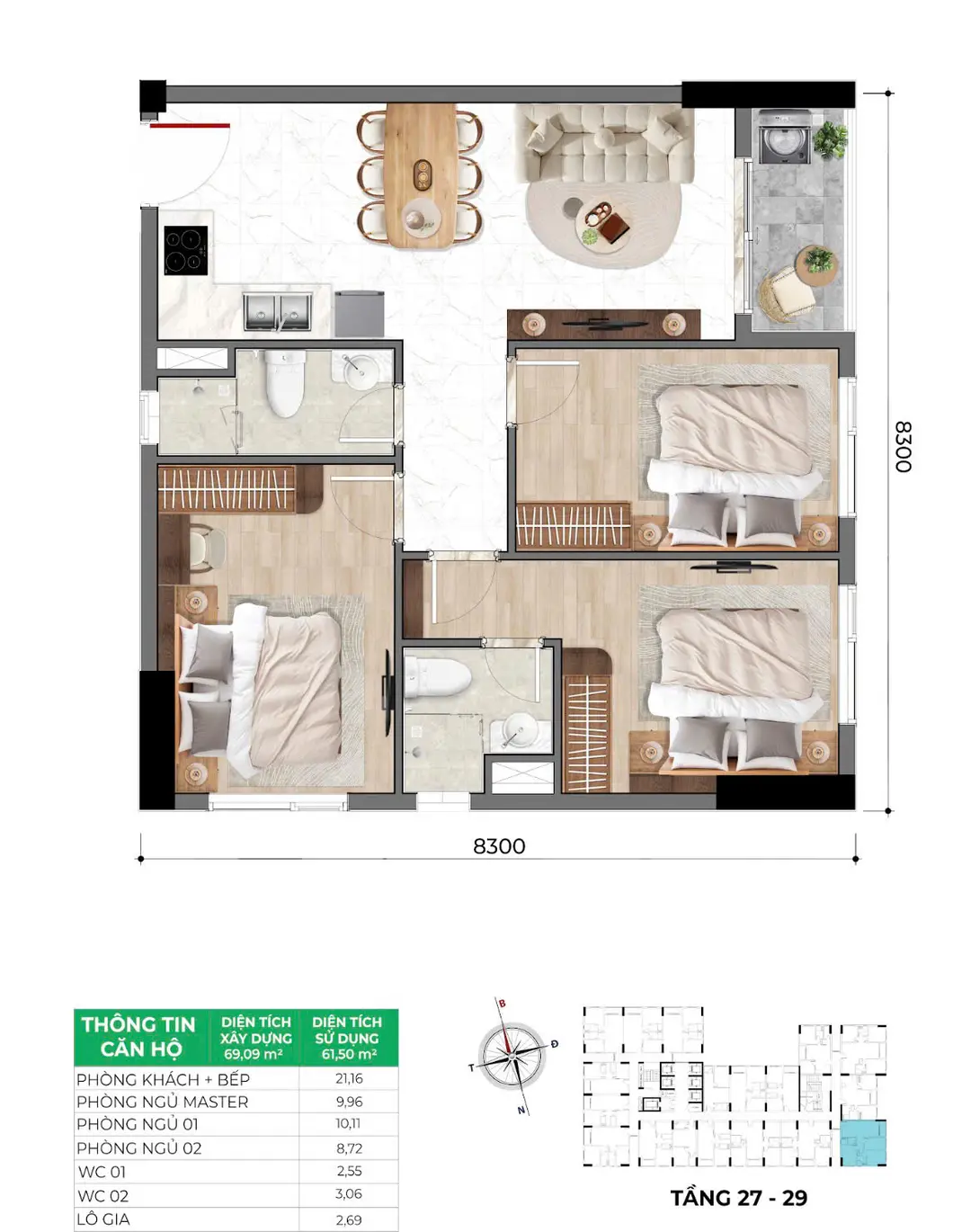 Mặt bằng 69 m2 Bcons Asahi