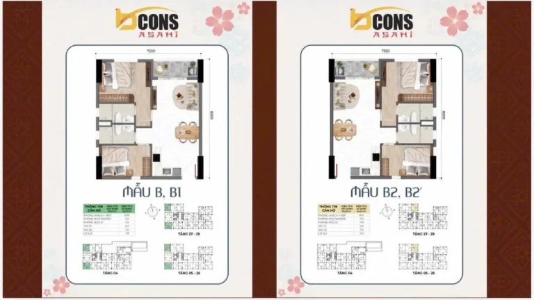 Phối cảnh tổng thể căn hộ 2pn bcons asahi rộng rãi, ban công thoáng mát, thiết kế hiện đại tối ưu ánh sáng tự nhiên, không gian sống thoải mái.