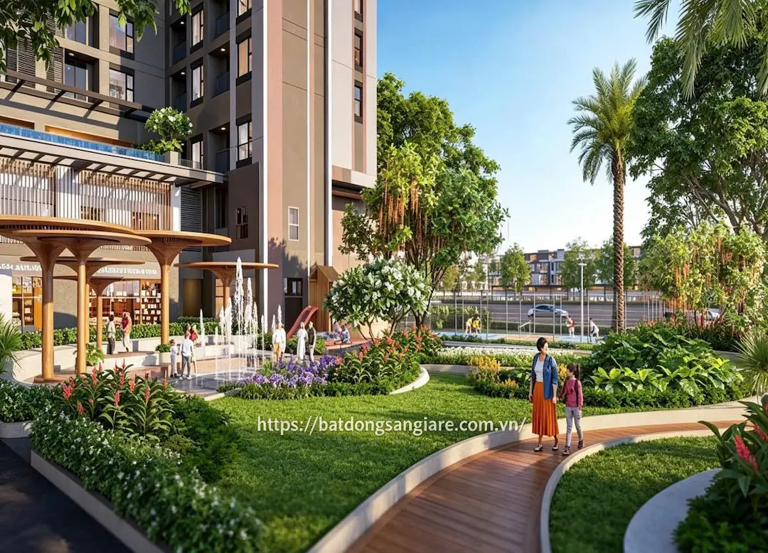 Đường đi bộ nội khu rợp bóng cây xanh tại AVA Center