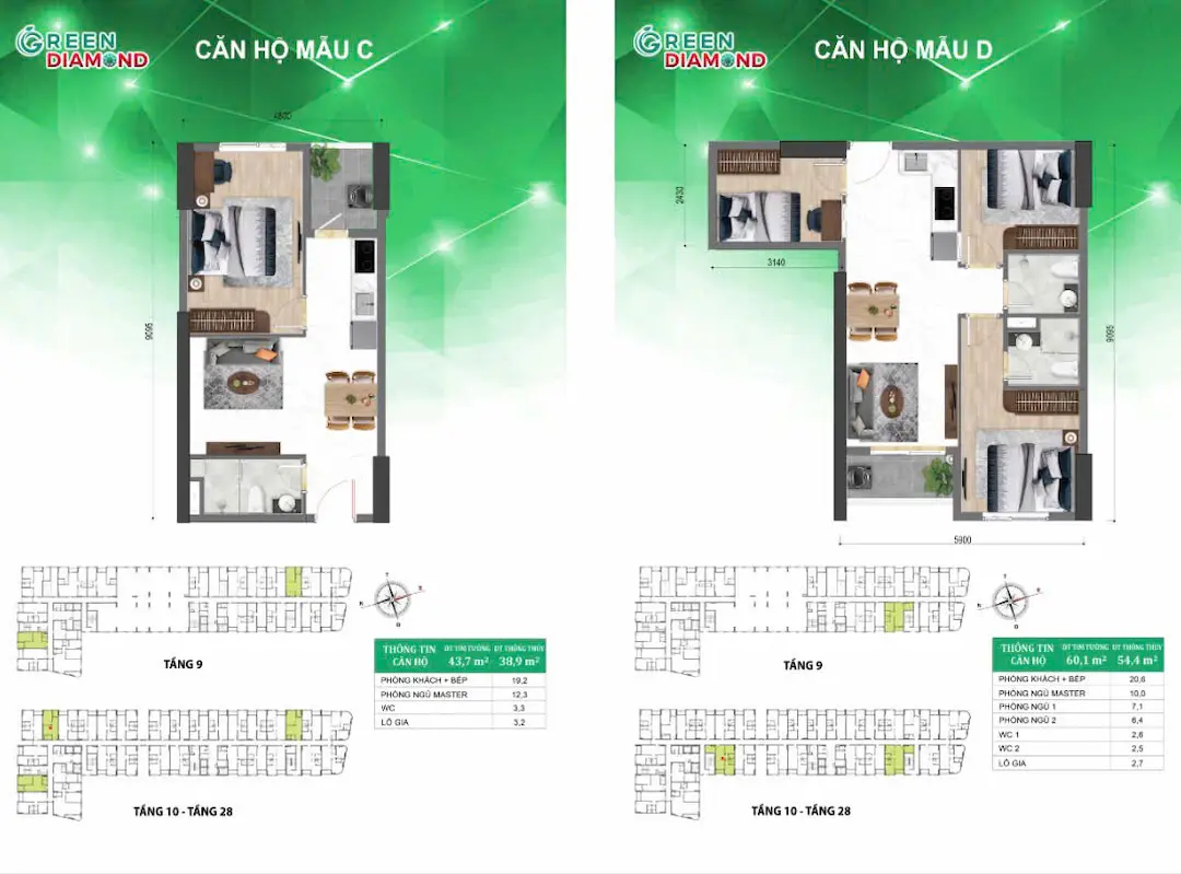 Thiết kế căn hộ mẫu 2 Bcons Green Diamond