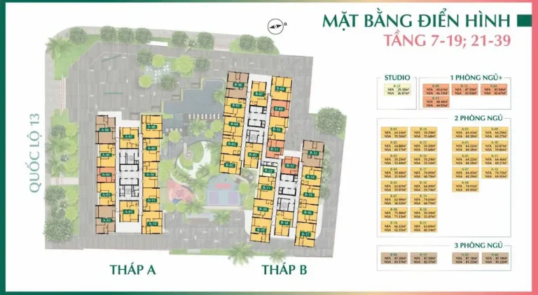 Tổng quan mặt bằng căn hộ The Emerald Boulevard với các loại diện tích từ 30-85 m², 1-3 phòng ngủ.