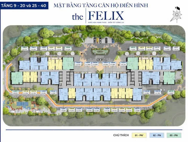 Mặt bằng tổng thể dự án The Felix Bình Dương, gồm 2 block căn hộ và các tiện ích nội khu.