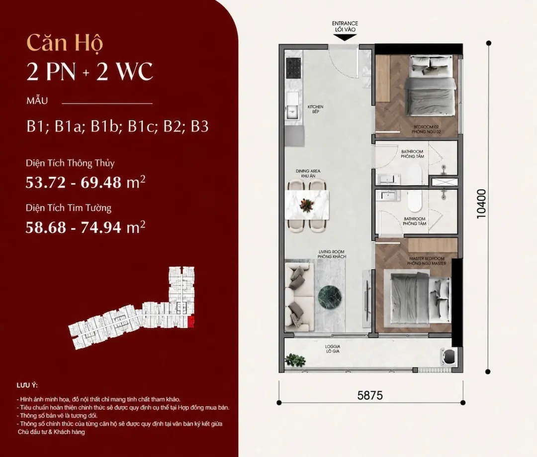 Sơ đồ mặt bằng căn hộ Khải Hoàn Imperial 2PN chuyên sâu