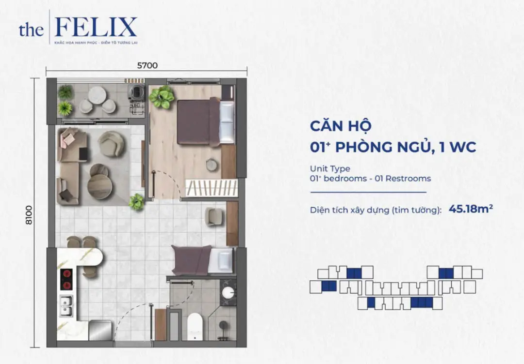 Thiết kế căn hộ 1PN dự án The Felix