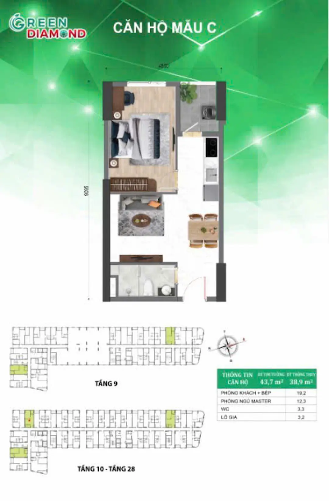 Thiết kế căn hộ 1PN Bcons Green Diamond