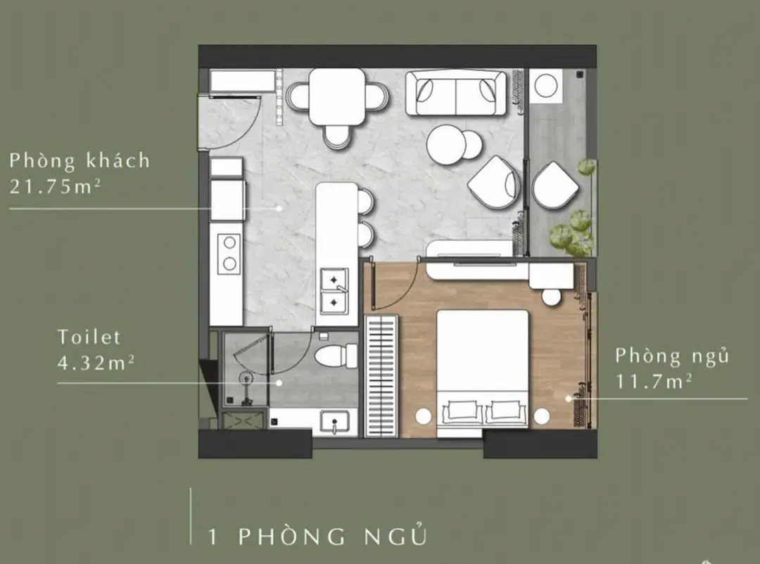 Thiết kế căn hộ 1 phòng ngủ Lavita Thuận An
