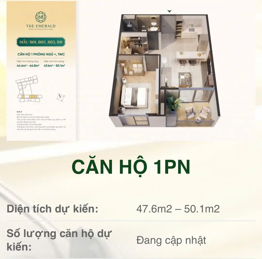 Thiết kế 1PN căn hộ The Emerald 68