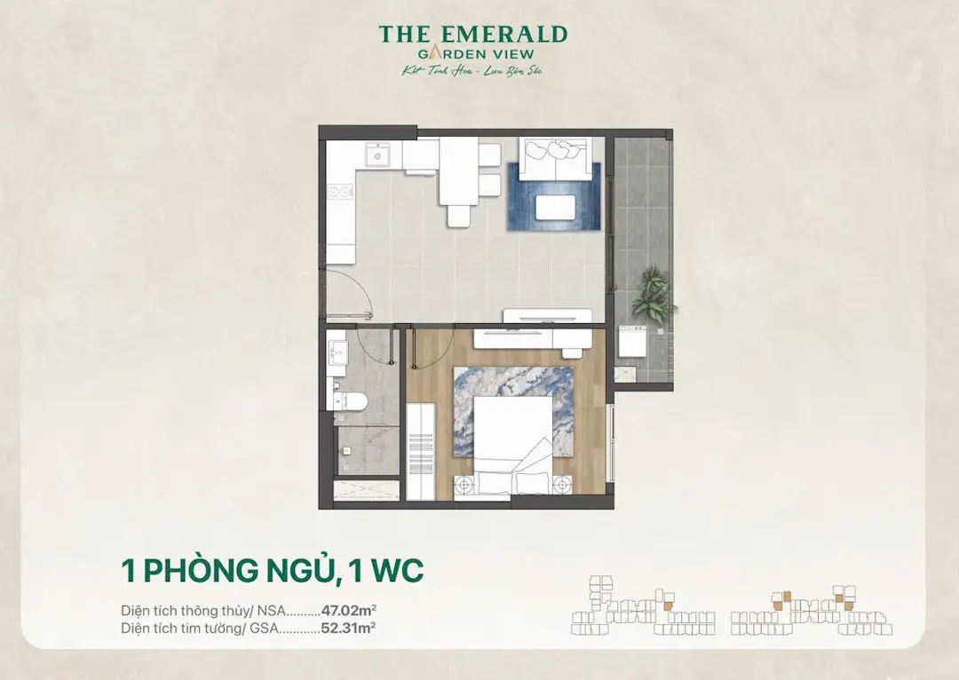 Thiết kế 1PN căn hộ The Emerald Garden View mẫu 2