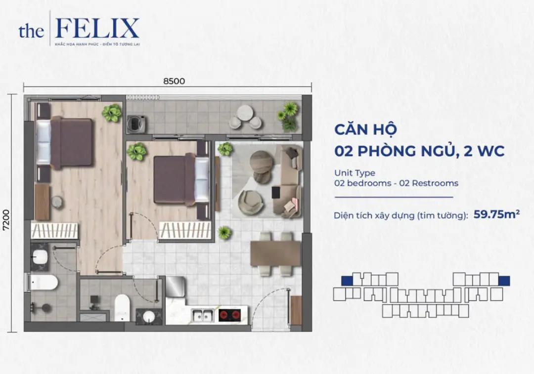 Thiết kế căn hộ 2PN góc dự án The Felix