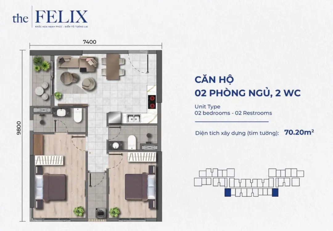 Thiết kế căn hộ 2PN lớn dự án The Felix