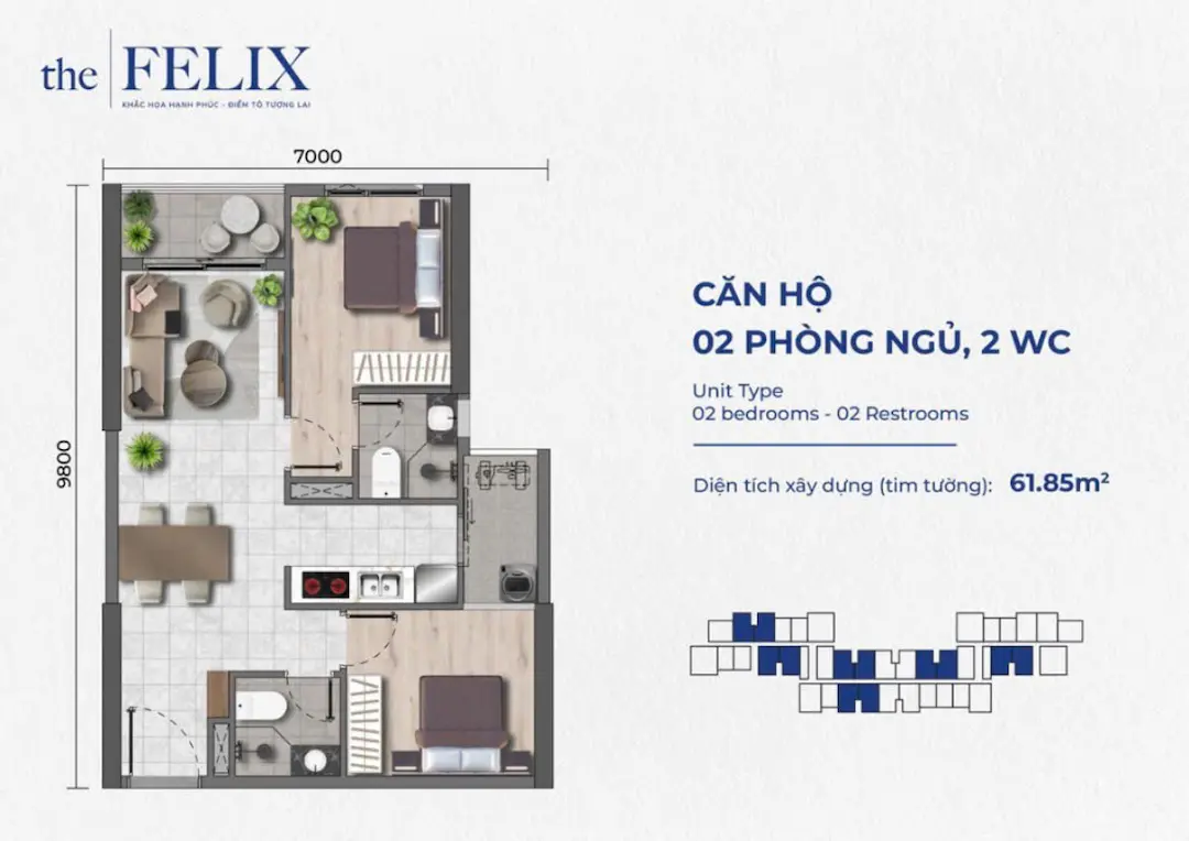 Thiết kế căn hộ 2PN dự án The Felix
