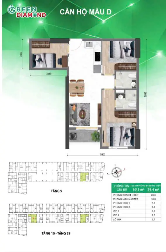 Thiết kế căn hộ 3PN Bcons Green Diamond
