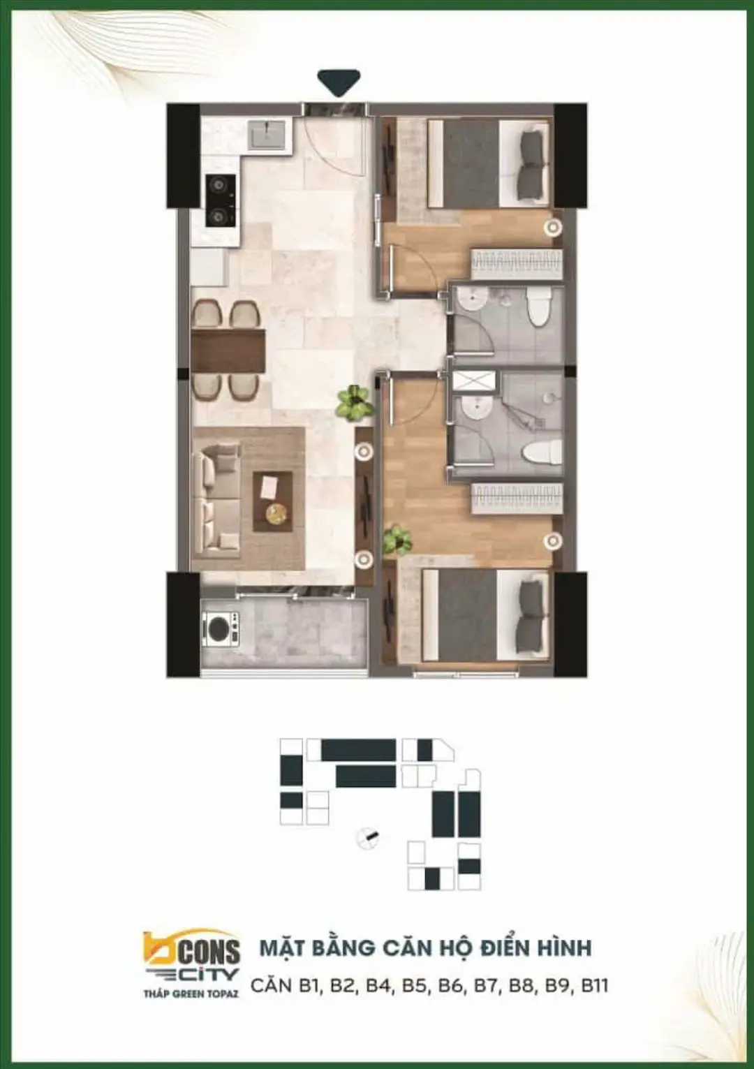 Thiết kế căn hộ 52m2 Bcons Green Topaz