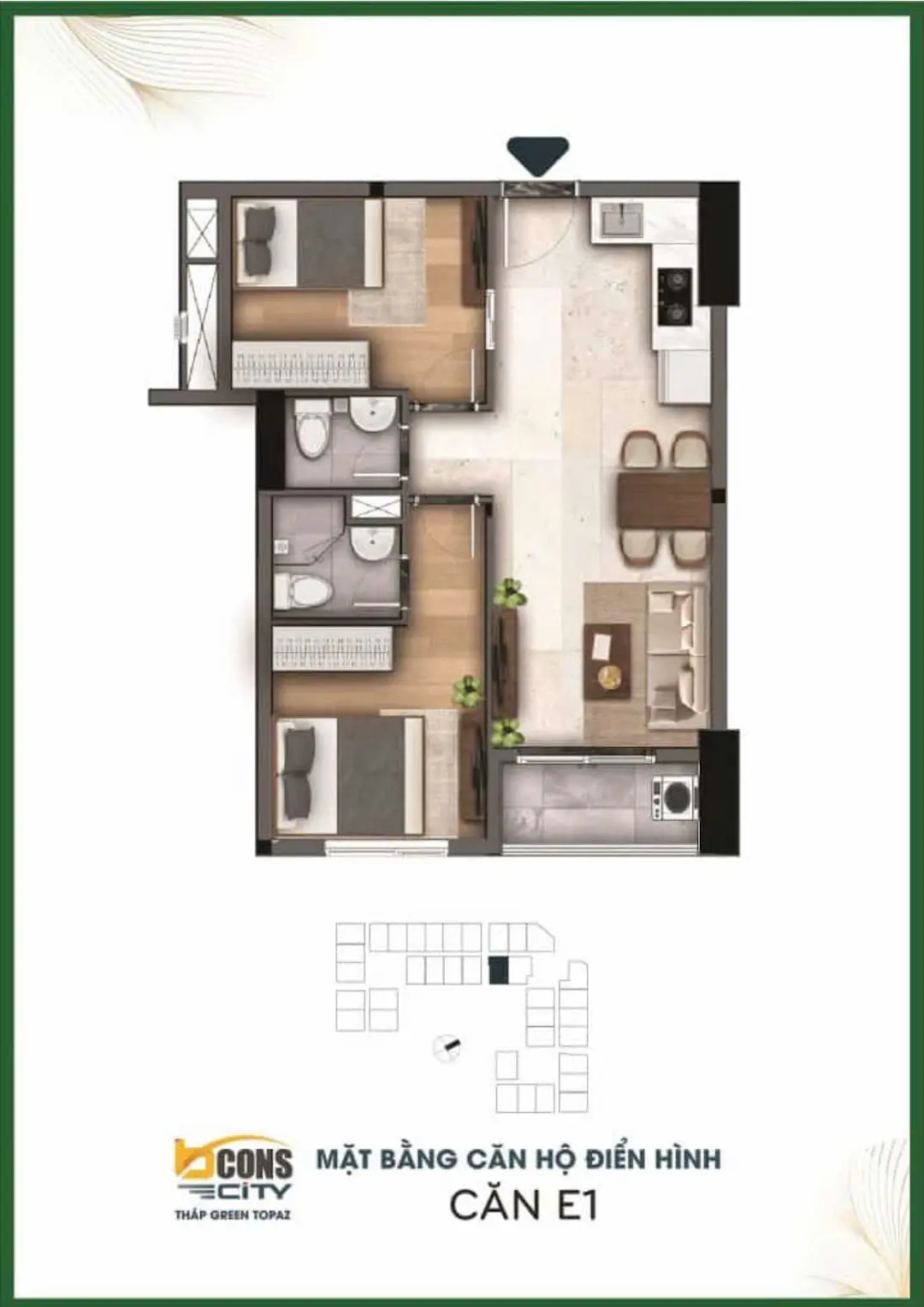 Thiết kế căn hộ 56m2 Bcons Green Topaz
