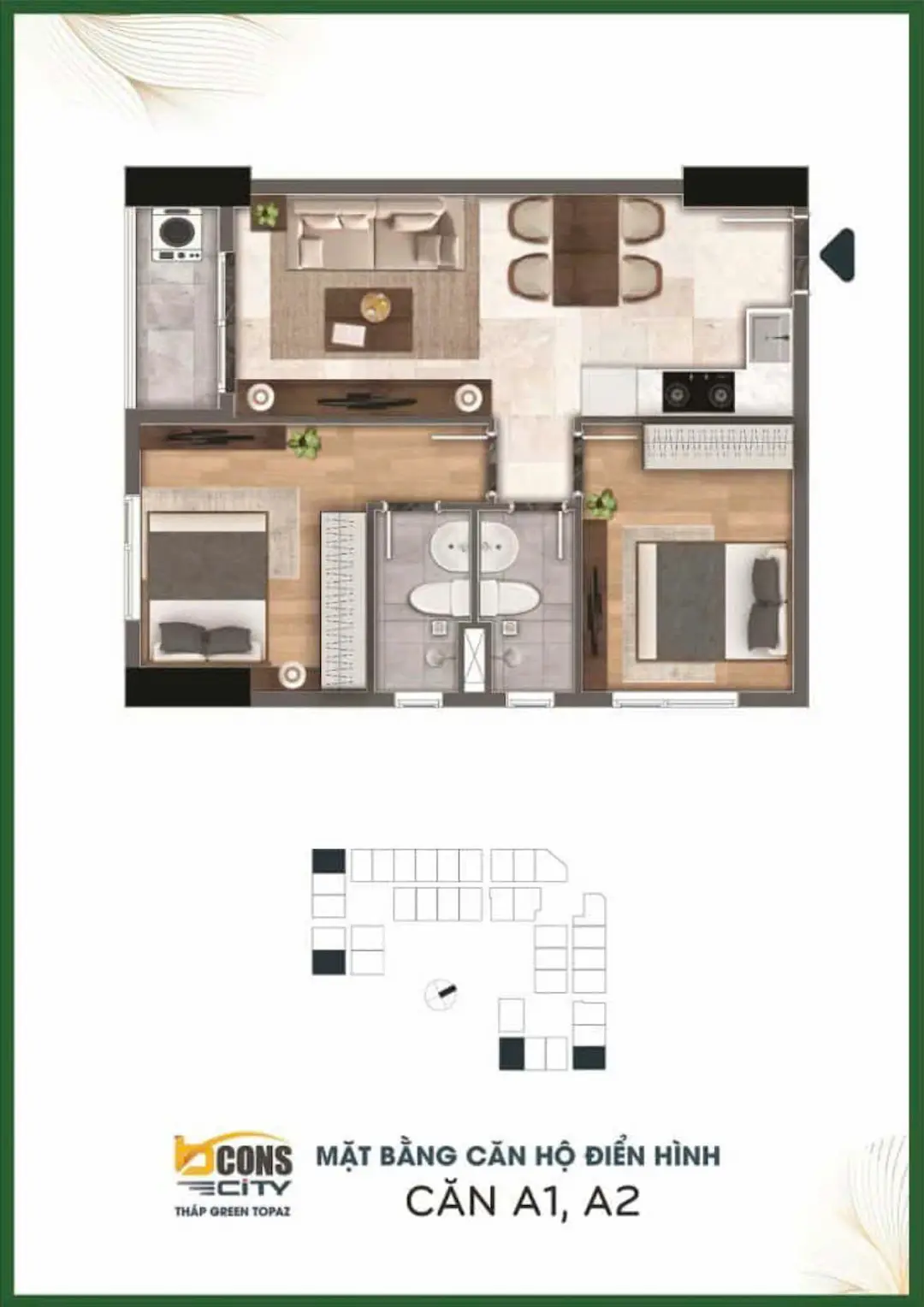 Thiết kế căn hộ 58m2 Bcons Green Topaz
