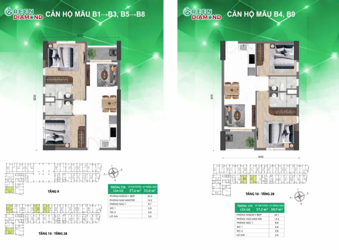 Tổng quan sơ đồ căn hộ 2PN Bcons Green Diamond