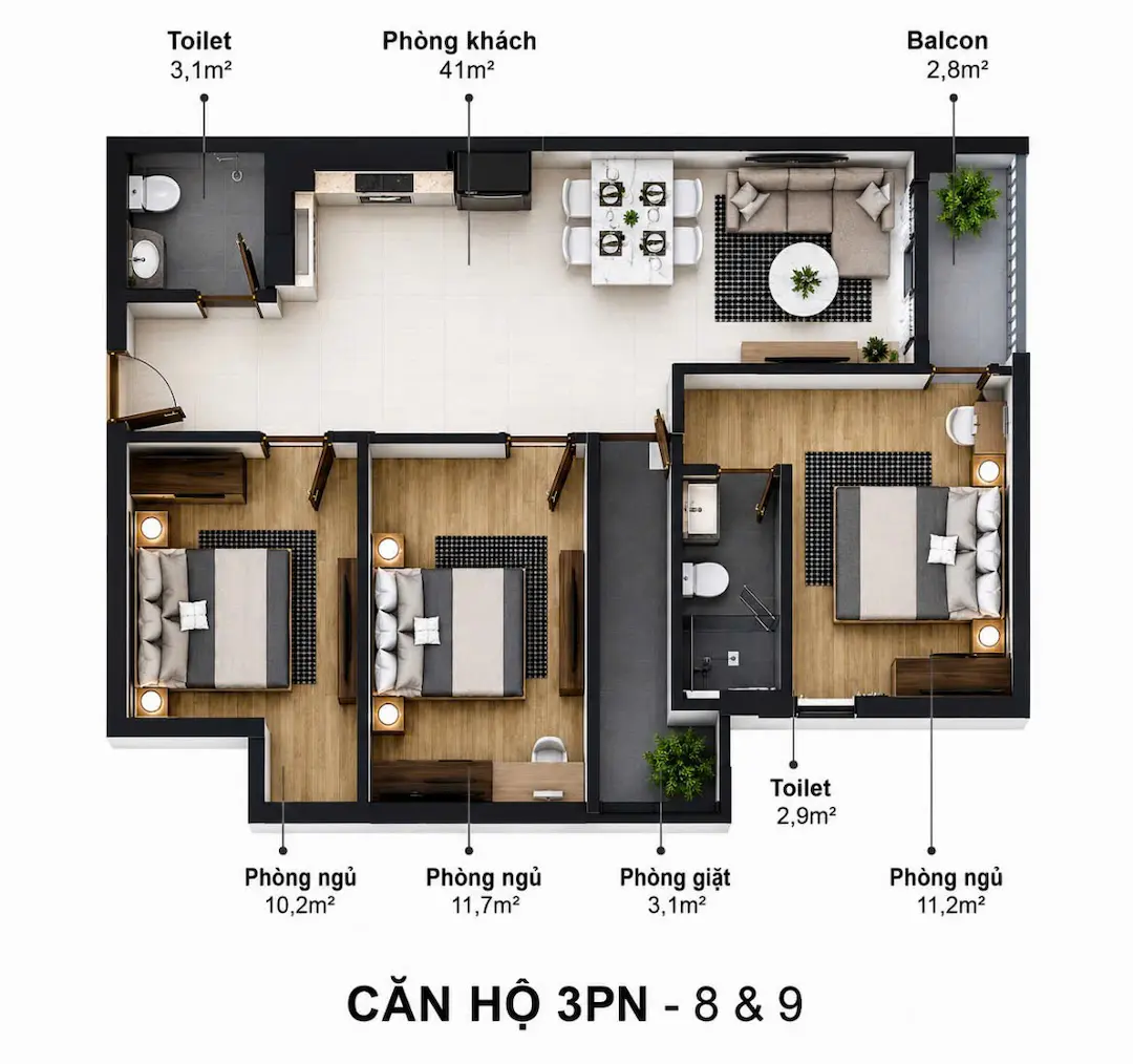 Thiết kế căn hộ 3PN Eco Xuân Lái Thiêu
