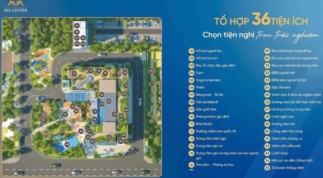 Tổng quan không gian bố trí tiện ích hiện đại tại AVA Center