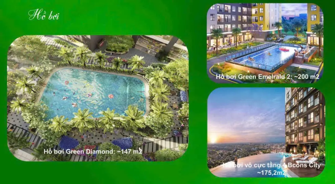 Tiện Ích Bcons Green Diamond: Hồ Bơi, Công Viên, TTTM 3 Hồ bơi vô cực Bcons Green Diamond