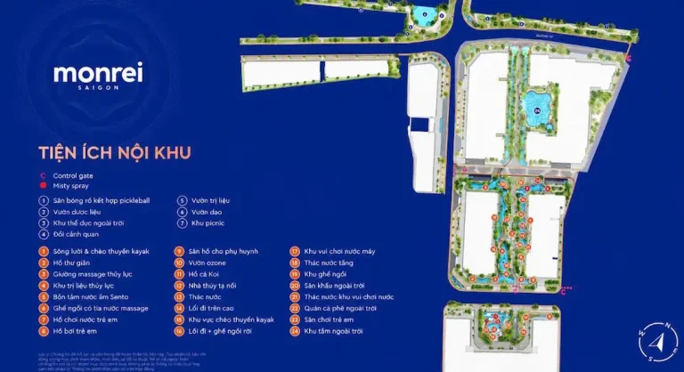 Tiện ích Monrei Saigon tổng quan - hồ bơi, gym, công viên, khu vui chơi, không gian sống xanh resort.