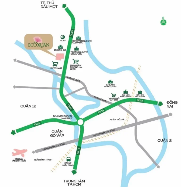 Vị Trí Eco Xuân Lái Thiêu: Bản Đồ Thật 3 Vòng Kết Nối 7 Vị trí chiến lược của dự án Eco Xuân tại mặt tiền Quốc lộ 13, Lái Thiêu, Thuận An, Bình Dương.
