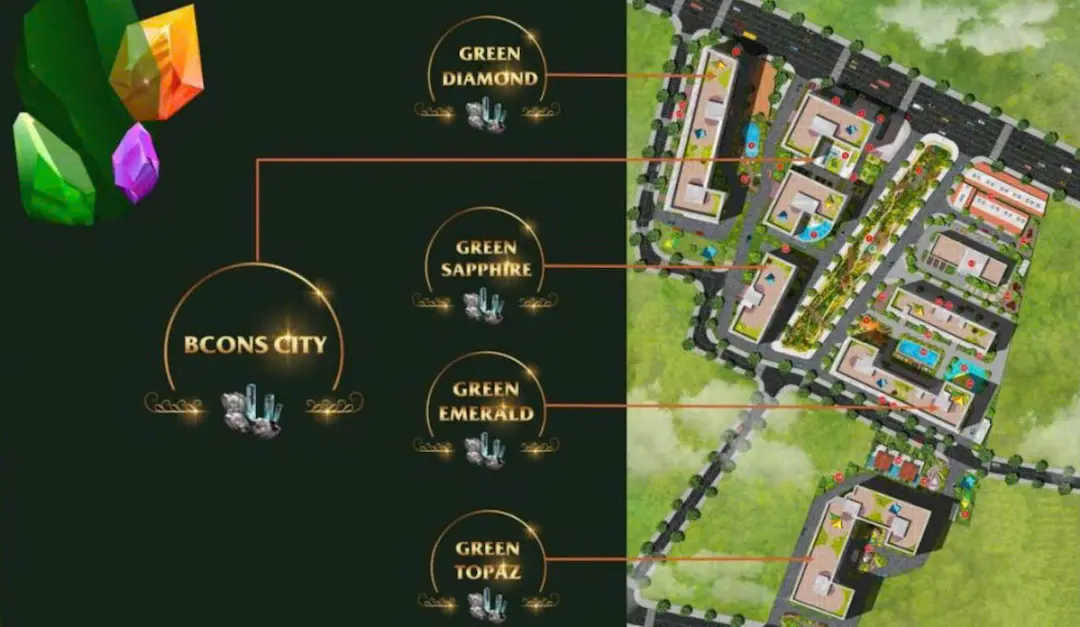Vị trí tháp Green Topaz trong khu đô thị Bcons City