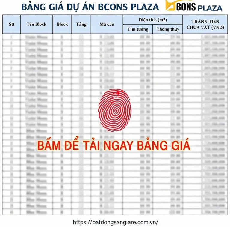 Bảng giá tổng hợp các căn hộ Bcons Plaza Dĩ An, bao gồm diện tích, giá bán, chính sách chiết khấu và hỗ trợ vay vốn.