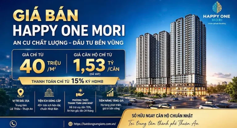 Bảng giá và chính sách bán căn hộ Happy One Mori Thuận An mới nhất, cập nhật liên tục.