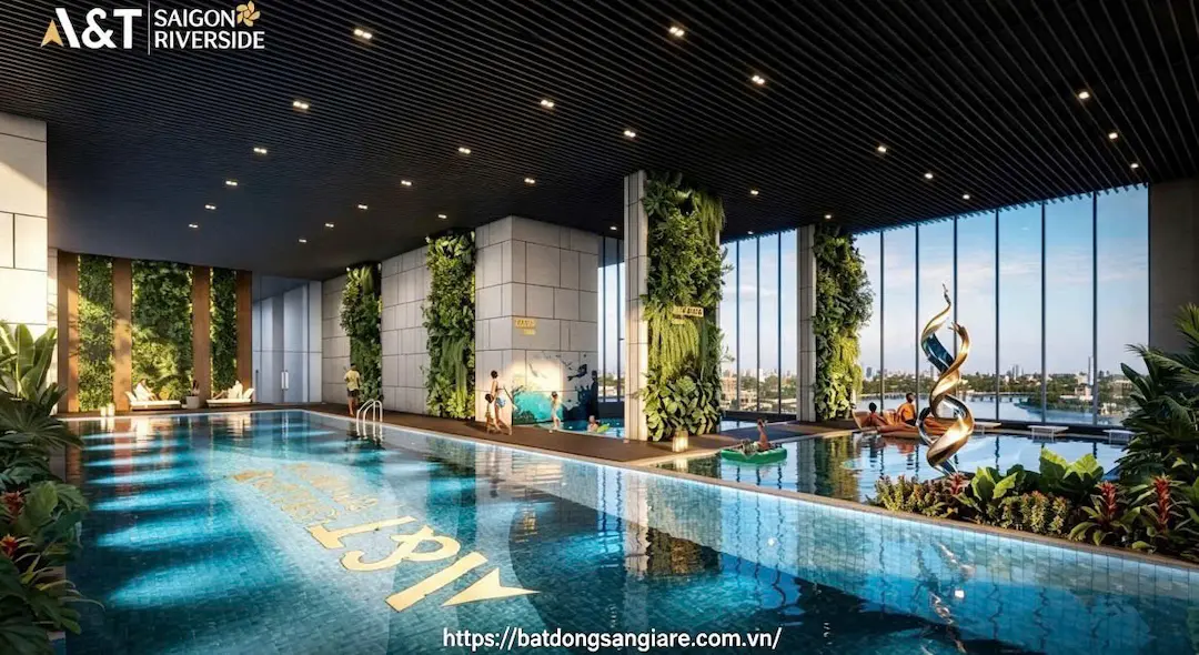 Phối cảnh hồ bơi vô cực tại A&T Saigon Riverside Thuận An