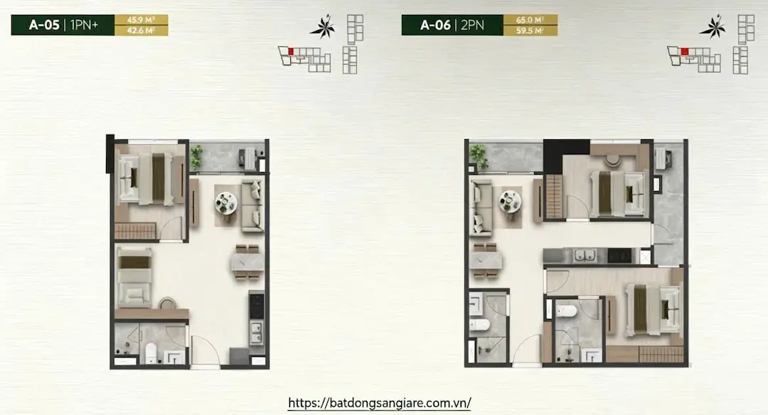 Sơ đồ layout căn hộ 1PN A&T Saigon Riverside Thuận An