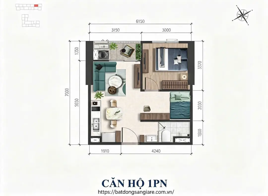 Sơ đồ bố trí mặt bằng căn hộ 1 phòng ngủ A&T Sky Garden