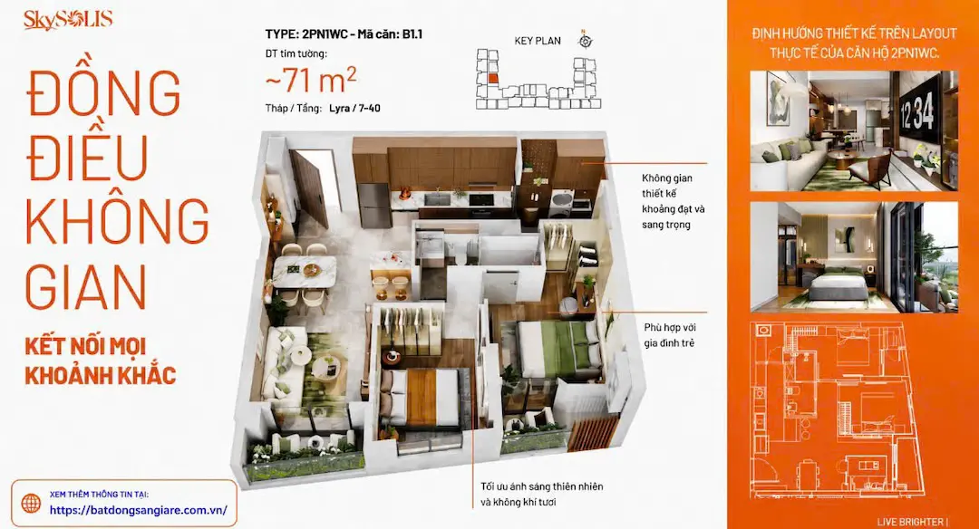 Layout căn hộ 2PN 1WC Sky Solis Thuận An