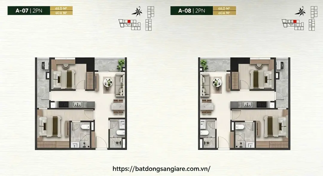 Sơ đồ layout căn hộ 2PN A&T Saigon Riverside Thuận An