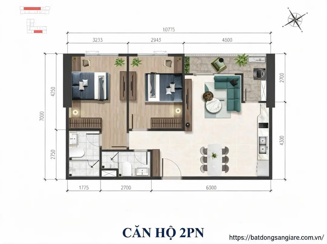 Sơ đồ bố trí mặt bằng căn hộ 2 phòng ngủ A&T Sky Garden