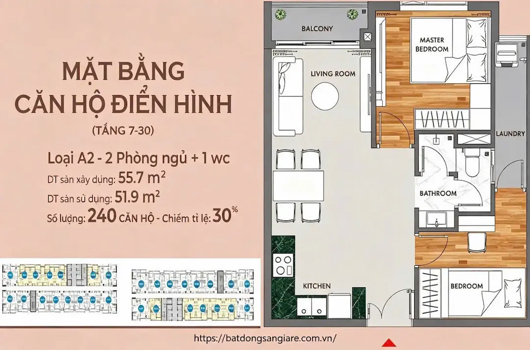 Layout thiết kế căn hộ 2PN+-2WC Phú Đông SkyOne