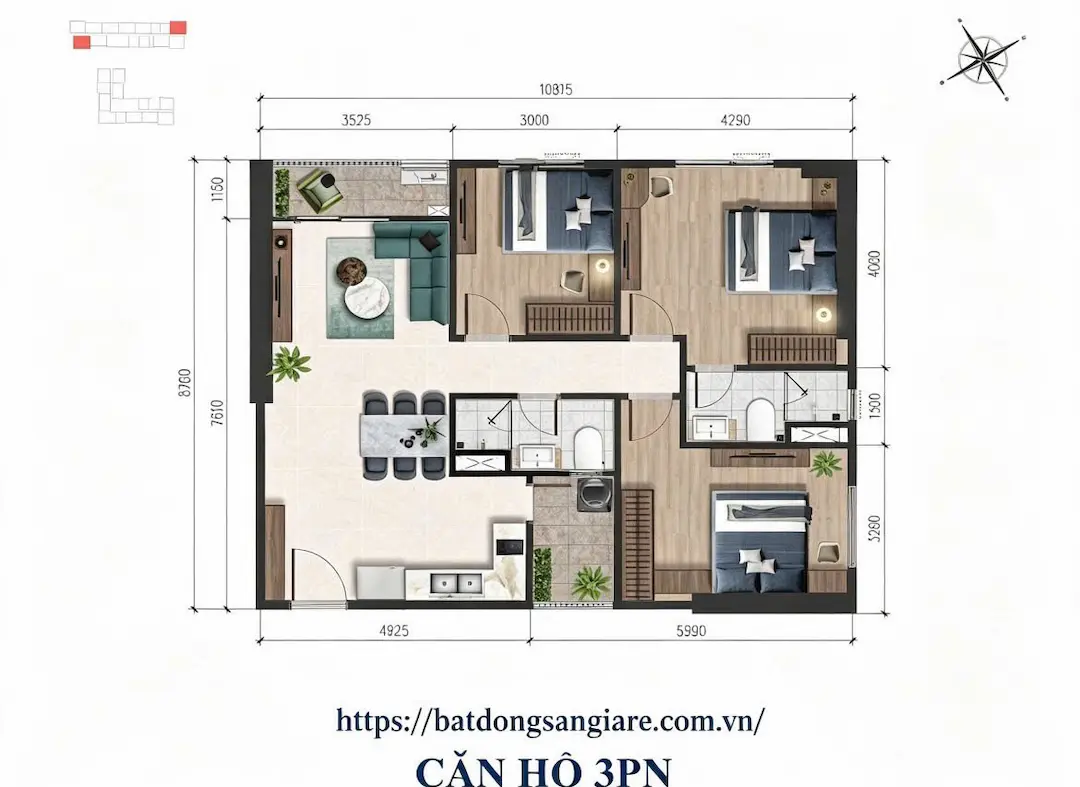 Sơ đồ bố trí mặt bằng căn hộ 3 phòng ngủ A&T Sky Garden