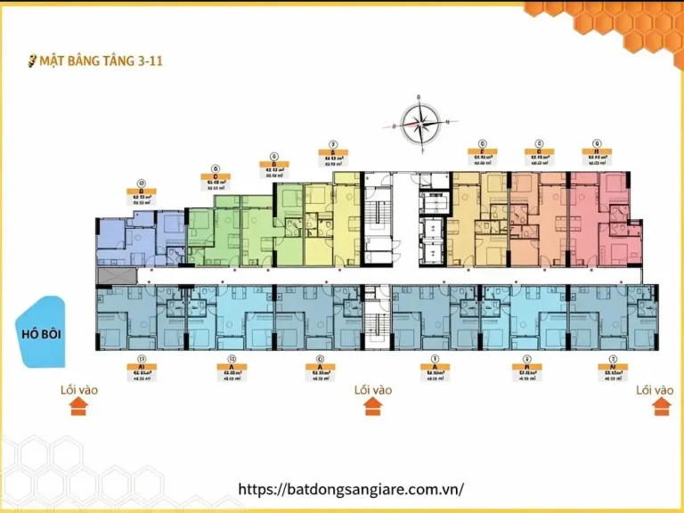 Mặt bằng căn hộ điển hình Bcons Bee Dĩ An, bố trí 2 phòng ngủ, 2 nhà vệ sinh, phòng khách và bếp liên thông, ban công.